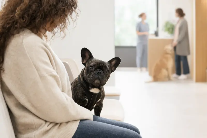 Französische Bulldogge sitzt ruhig neben ihrem Besitzer im hellen Wartezimmer einer modernen Tierarztpraxis.